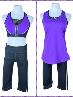 Fabletics Purple & Black 3-Piece Workout Outfit - Size Large
